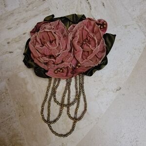 Vintage Beverly Gayle Pink Fabric Roses Floral Brooch with Beaded Chains